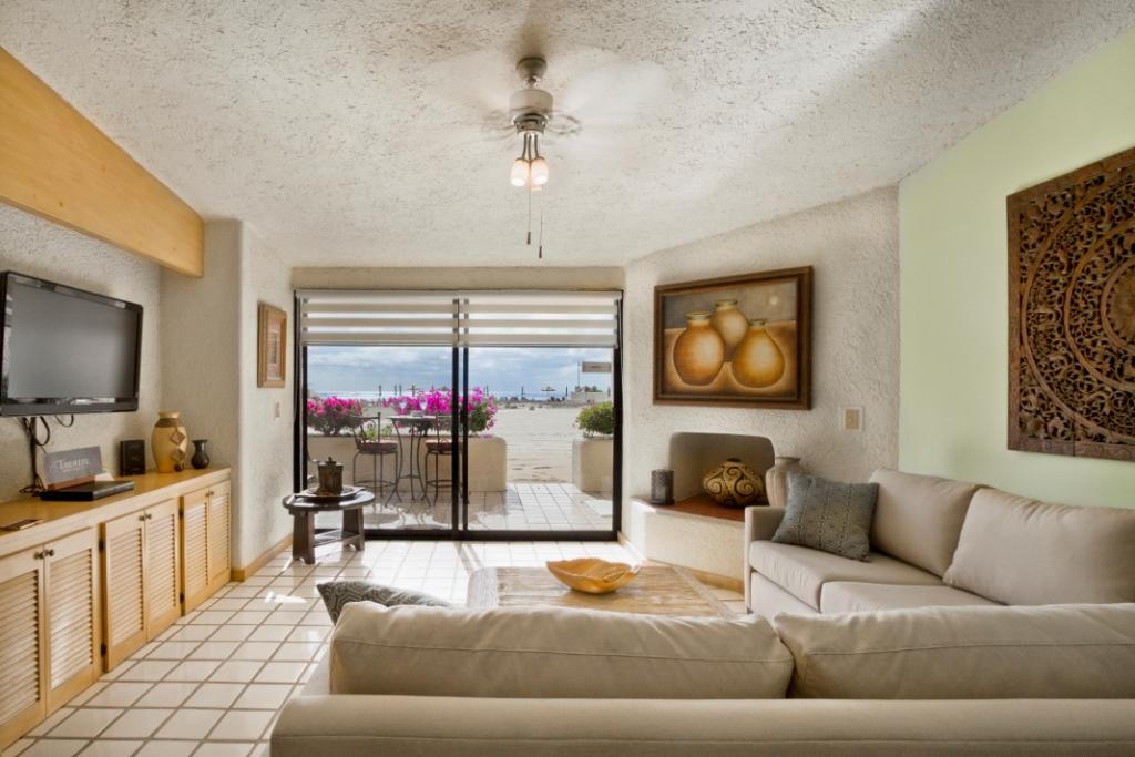 living area of terrasol beach resort condo for rent in cabo san lucas